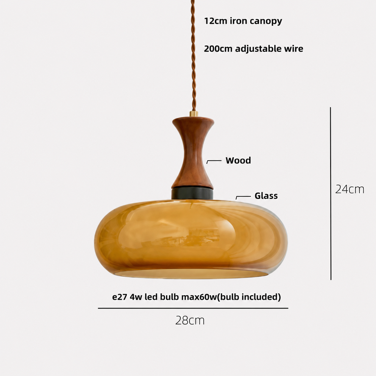 Amber Glass & Wood Vintage Pendant Light