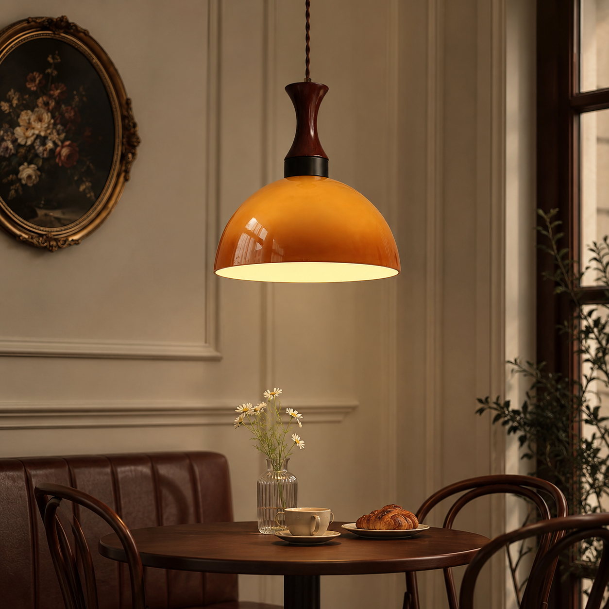 Amber Glass & Wood Vintage Pendant Light