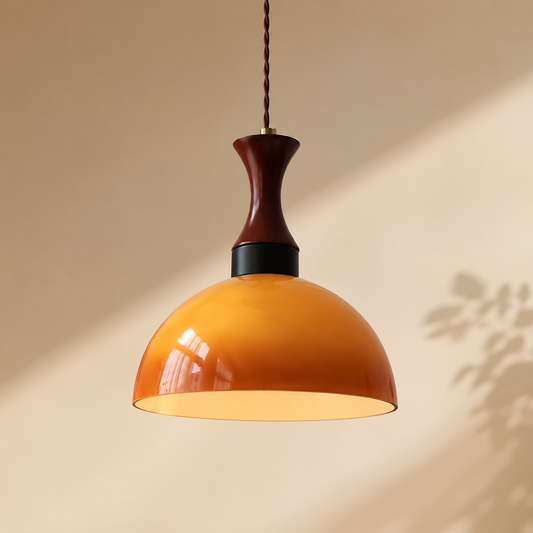 Amber Glass & Wood Vintage Pendant Light