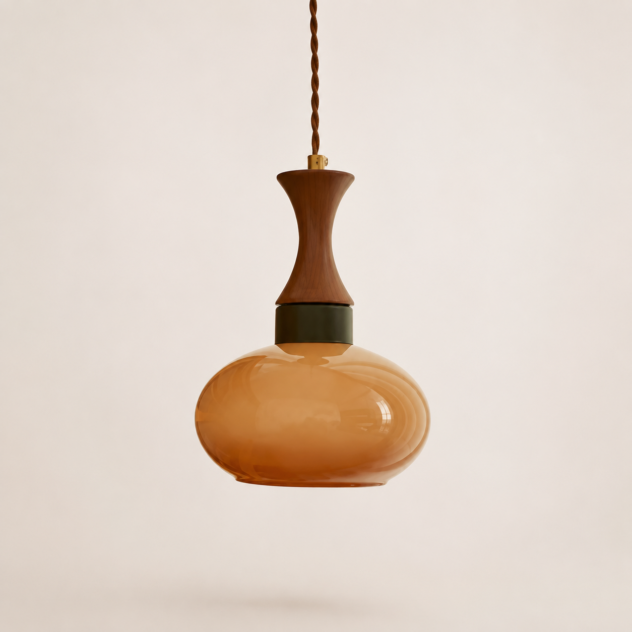 Amber Glass & Wood Vintage Pendant Light