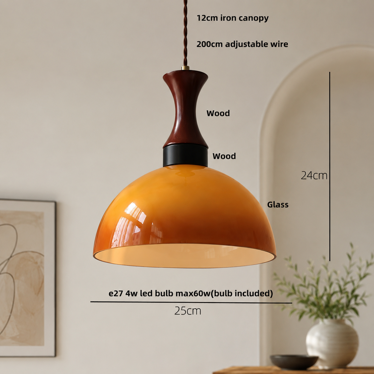 Amber Glass & Wood Vintage Pendant Light