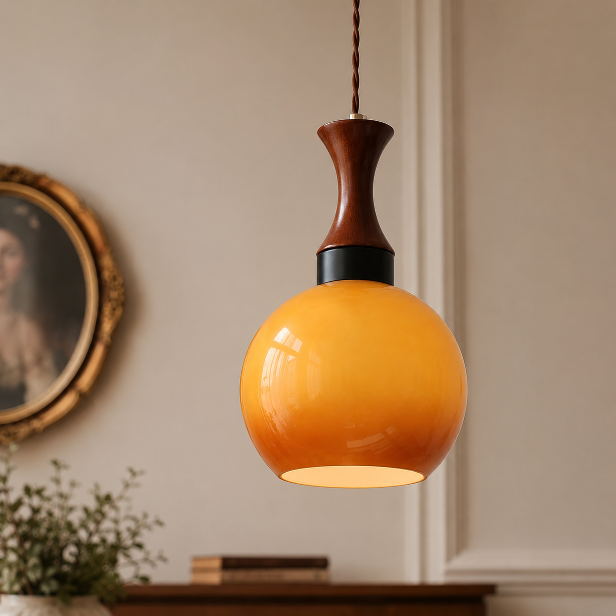 Amber Glass & Wood Vintage Pendant Light
