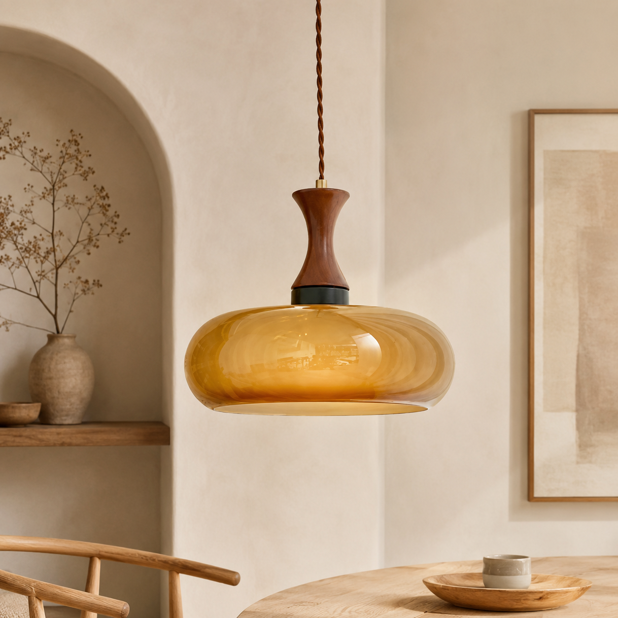 Amber Glass & Wood Vintage Pendant Light